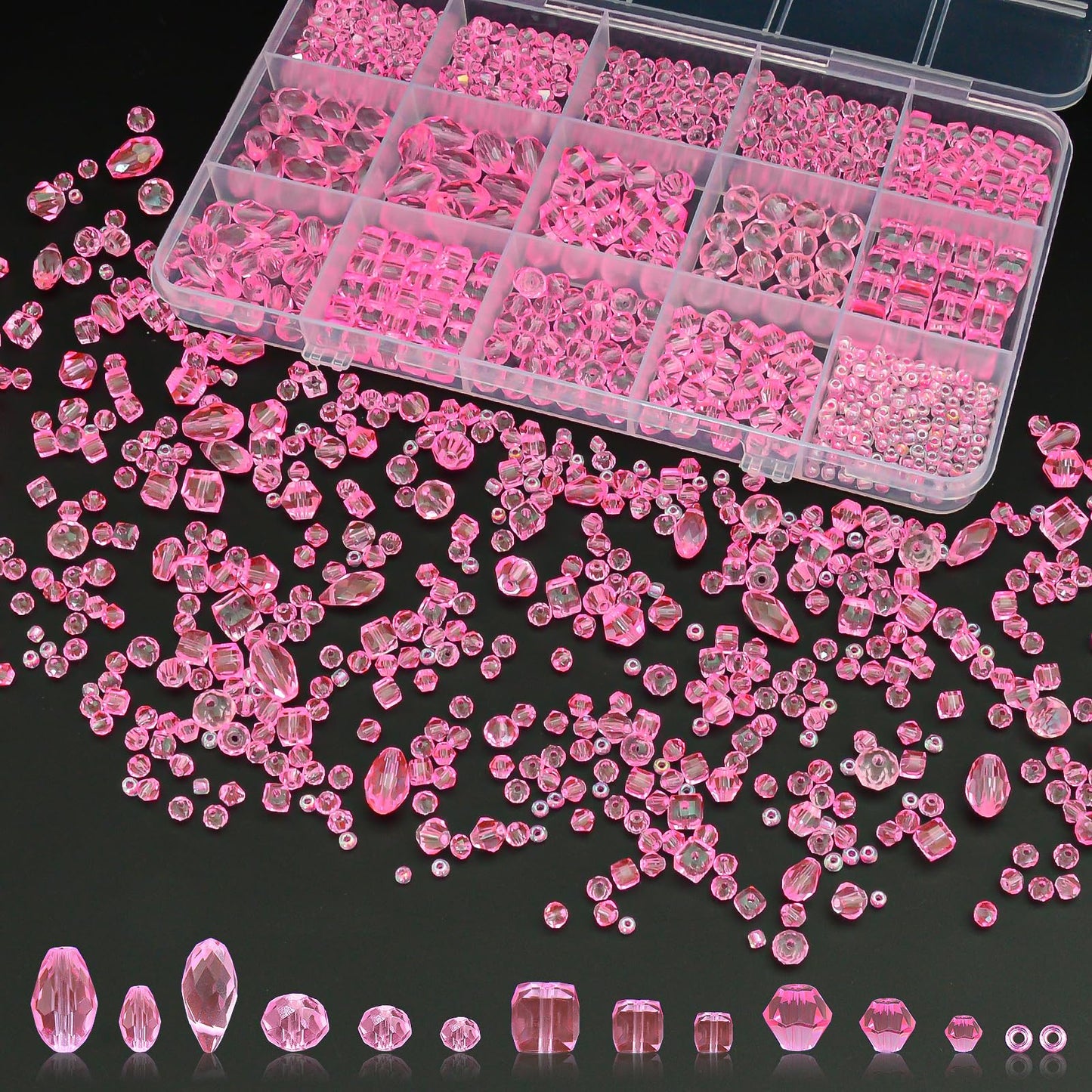 Laopottbeads 1500 Pcs Crystal Glass Beads for Jewelry Making – 12 Styles Bicone, Rondelle, Cube, Teardrop & 3mm Spacer Beads, DIY Bracelet Necklace Earring Craft Kit with Organizer Box(Light Rose Red)