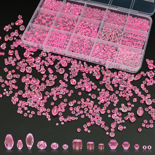 Laopottbeads 1500 Pcs Crystal Glass Beads for Jewelry Making – 12 Styles Bicone, Rondelle, Cube, Teardrop & 3mm Spacer Beads, DIY Bracelet Necklace Earring Craft Kit with Organizer Box(Light Rose Red)