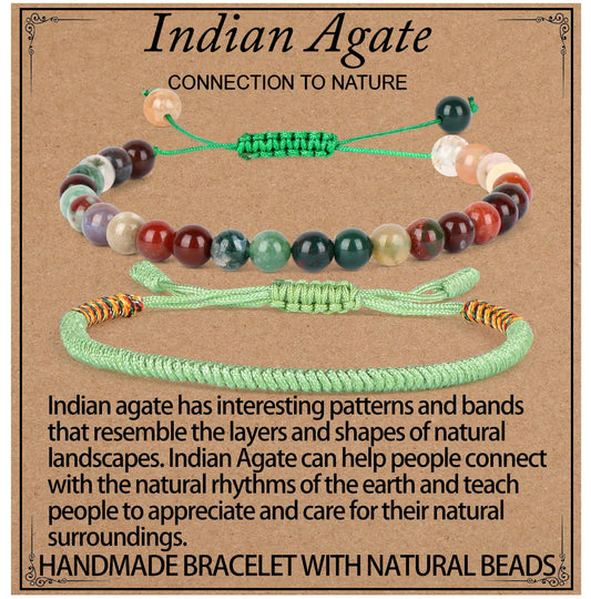 LPBeads 6mm Indian Agate Bracelet with Handmade Rope Bracelet Size Adjustable Natural Stone Crystal Healing Bracelets Gifts for Unisex Adults