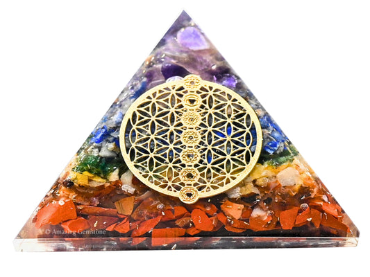Amazing Gemstone Large Orgone Pyramid | Natural Chakra Pyramid Crystal | Chakra Flower of Life Orgonite Pyramid | Organ Pyramids Positive Energy Healing