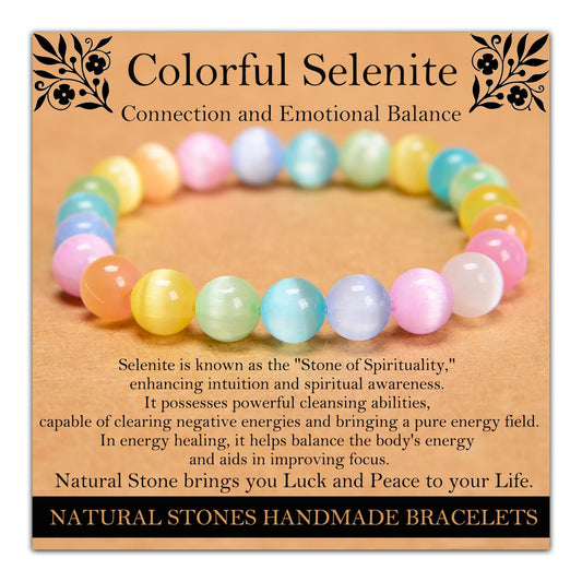 Handmade Natural Gemstone Elastic Bracelet - Healing Crystal Beads Jewelry, Unisex (Colourful Selenite, 8mm)
