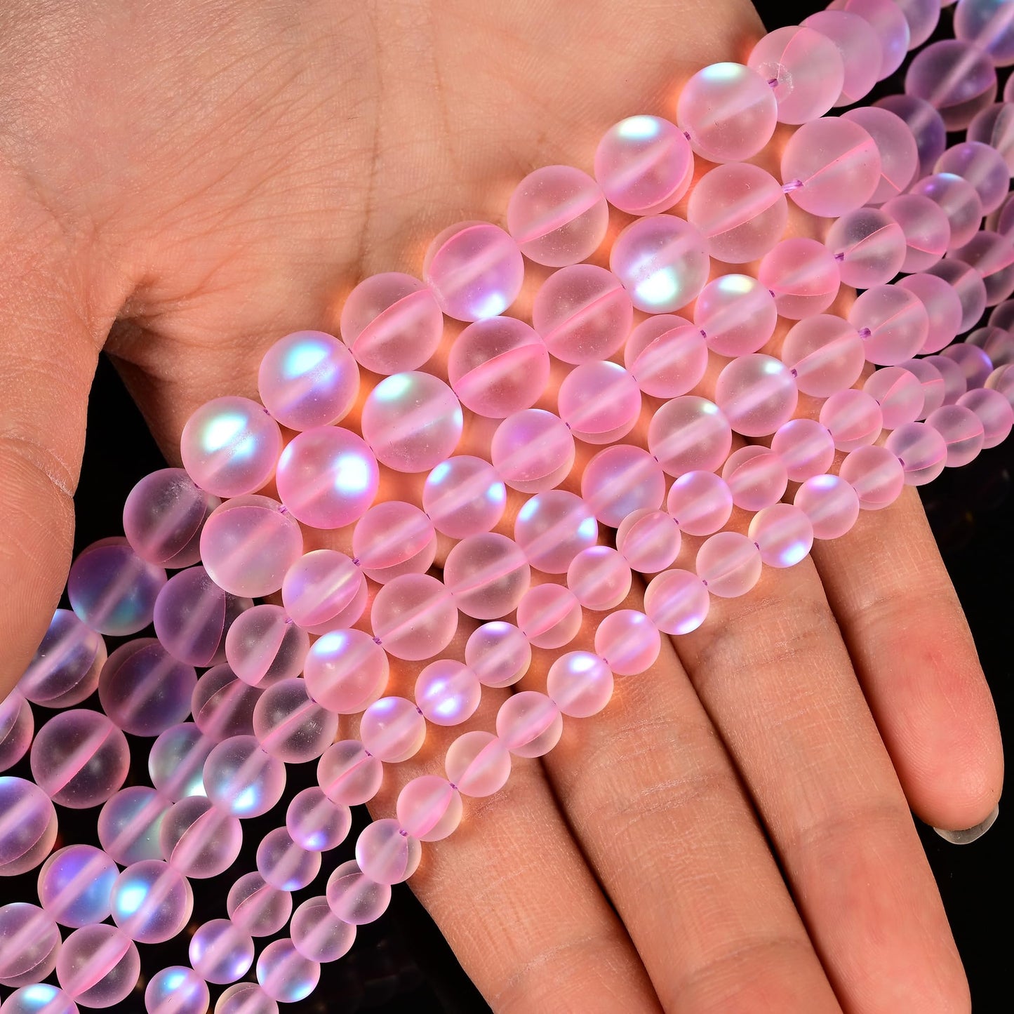 8mm Matte Pink Mermaid Aurora Crystal Glass Bead, Glitter Round Synthetic Moonstone Beads for Jewelry Making Bracelets