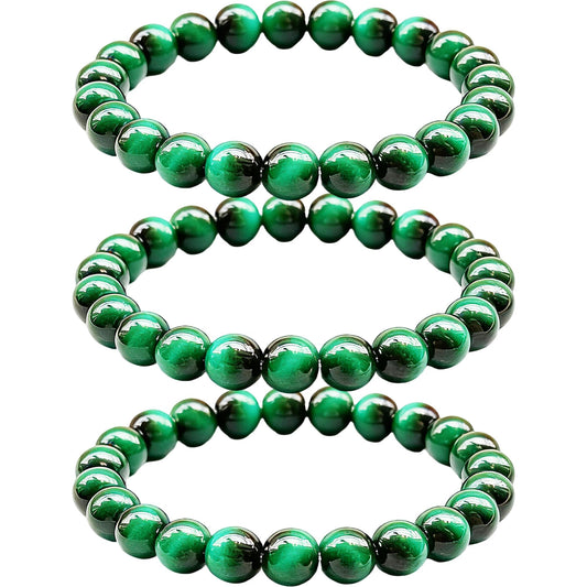 Cryhand 3PCS Female 8mm Beaded Bracelets For Women Simulated Green Tigers eye Bracelet for Men Handmade Lucky Money Stretchy Crystal Bracelets Best Gifts