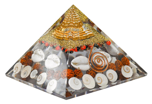 Amazing Gemstone Laxmi Yantra Orgone Pyramid Gomati Chakra, Rudraksha, Cowrie Kodi Maha Laxmi Pyramid Crystals and Healing Stones - Authentic Orgonite & Organite Gifts for Home Vastu Stone