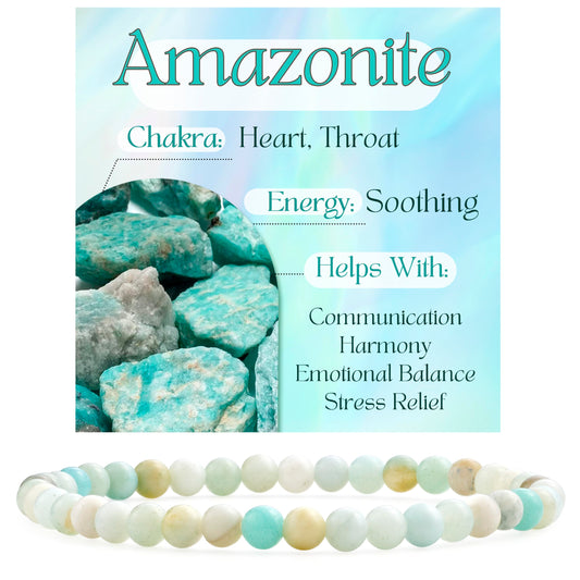 Bivei Amazonite - Soothing - 4mm Beaded Bracelets for Women Handmade Semi Precious Natural Stone Stretch Elastic Jewelry Yoga Protection Gifts Small