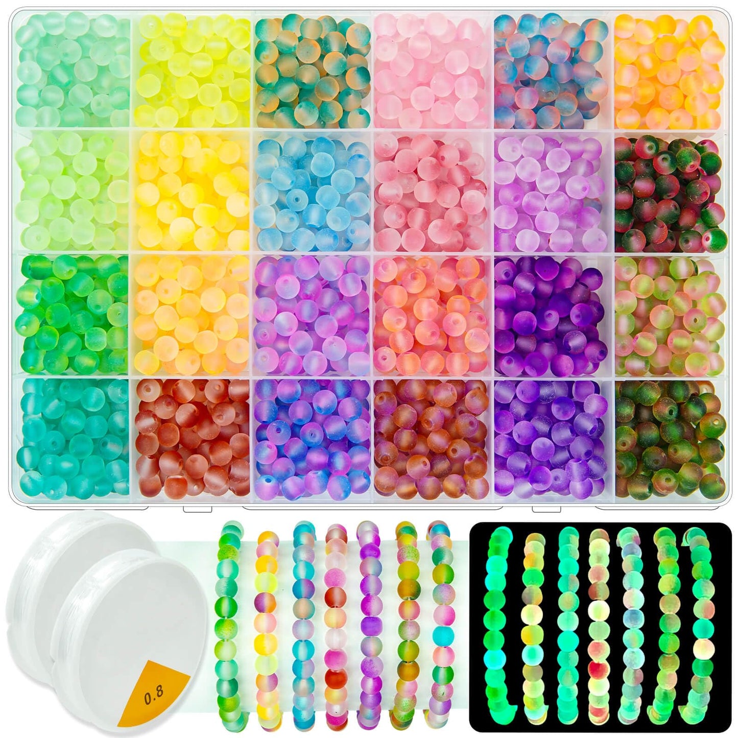 JHYlilia Glow in The Dark Glass Beads for Jewelry Making, 1600Pcs 6MM 24 Grids Crystal Gemstone Beads Round Spacer DIY Craft Bead for Bracelet Necklace Earrings Phone Lanyard Wedding Decor