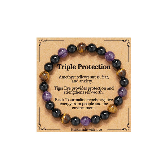 Gnamy Mothers Day Gifts for Mom from Daughter Son, Triple Protection Bracelet for Women, Healing Crystal Beads Bracelet Black Tourmaline Tigers Eye Amethyst Natural Stone Anxiety Jewelry Birthday Gifts Idea
