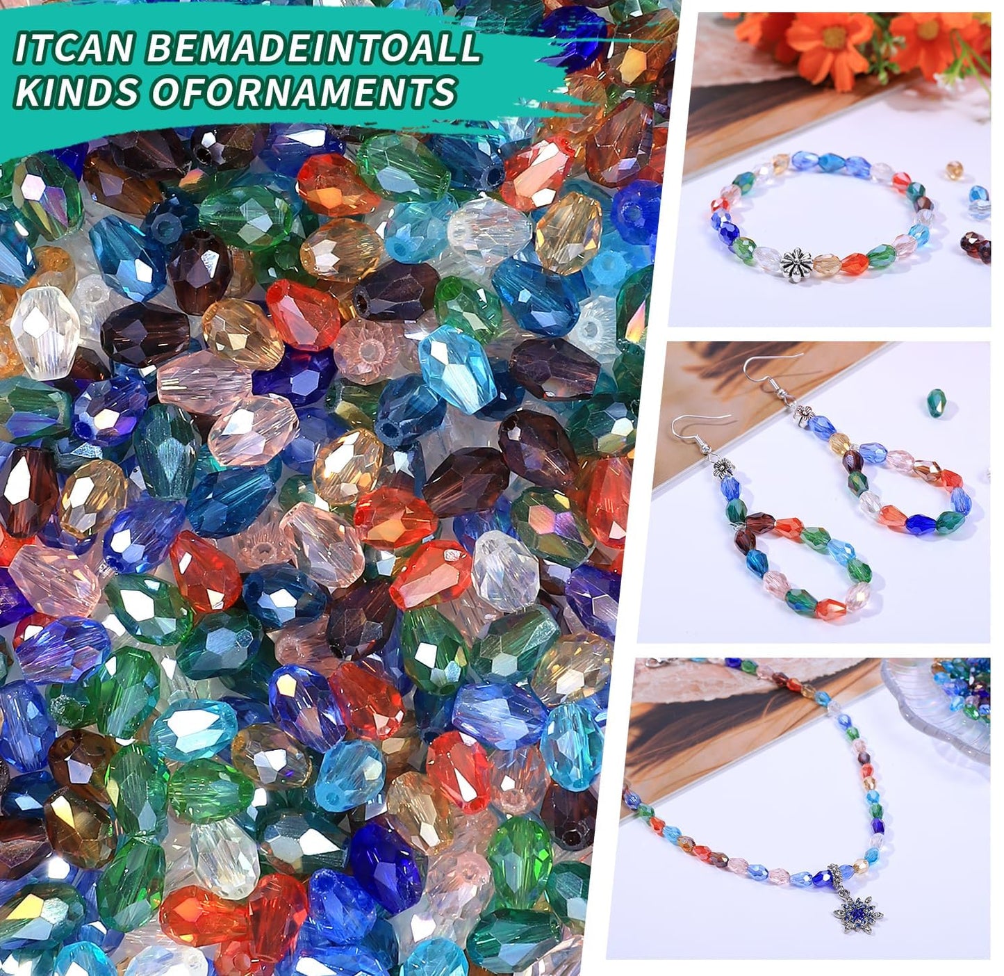 Victlov 300pcs Glass Crystal Teardrop Beads 6X8mm Drop Glass Spacer Beads Colorful Clear Electroplated Color Crystal Beads for DIY Jewelry Bracelet Making (Facet Drop)