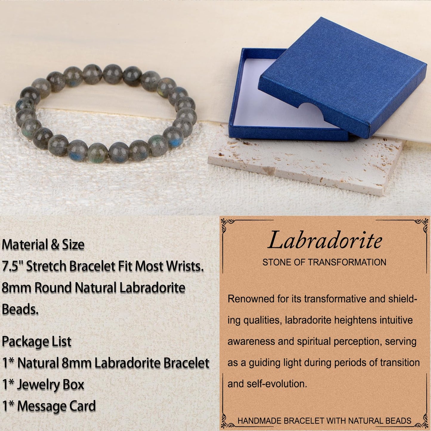 LPBeads Handmade Natural Gemstone Stretch Elastic 8mm Labradorite Bracelet Healing Crystal Round Stone Beads Jewelry Gifts for Women Men
