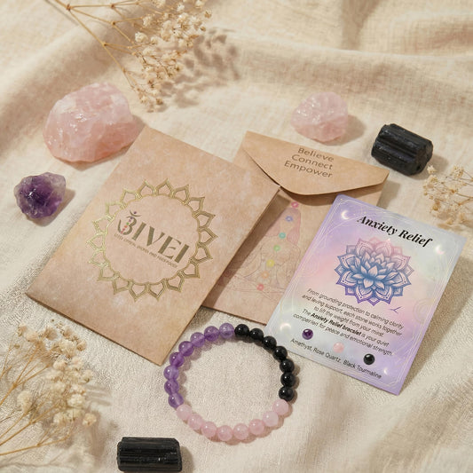 Bivei Anxiety Relief Bracelet, Strength Crystal Healing Bracelet 8MM with Amethyst & Rose Quartz & Black Tourmaline - Spiritual Stretch Beaded Jewelry for Women Men Gift