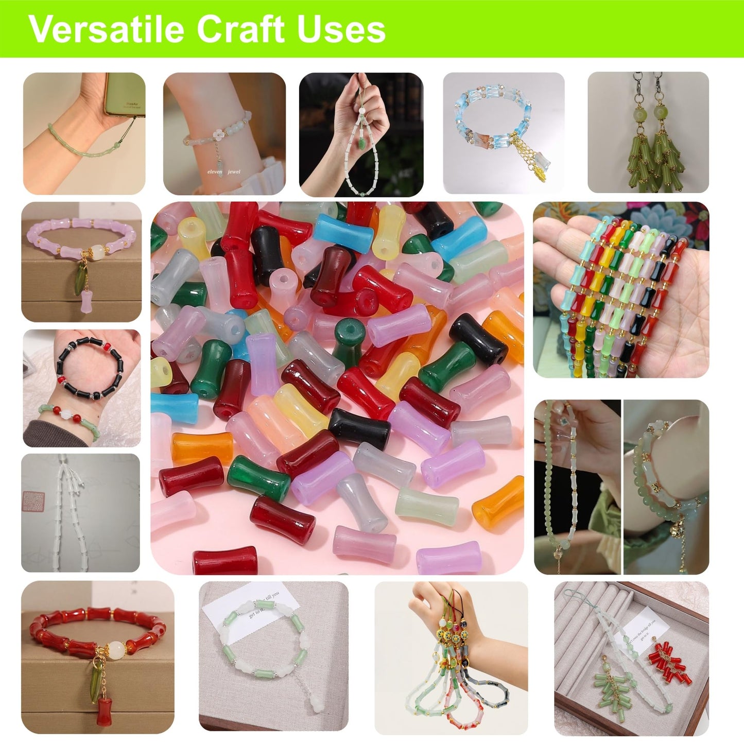 REVKI 6 * 12mm Glass Beads Bracelet Making Kit,600pcs 24 Colors Rice Shaped Natural Bamboo Crystal Beads for Jewelry Making,Teardrop Glass Beads for DIY Necklace Crafts