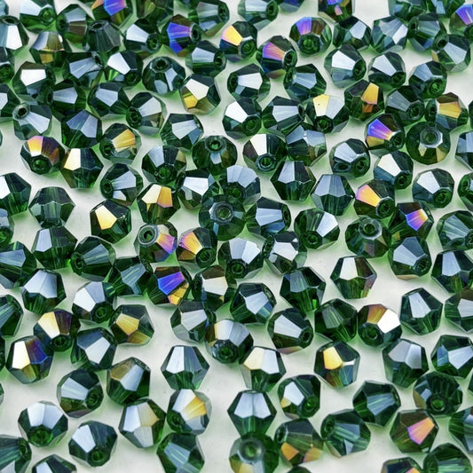 Pinhoollgo 100pcs 8mm Bicone Crystal Glass Beads Faceted Bicone Crystal Beads Bulk Glass Spacer Beads for Bracelets Necklace Pendants Earrings DIY Jewelry Craft Making(Dark Green AB)
