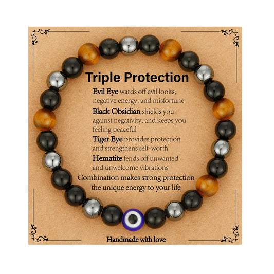Gnamy Triple Protection Beaded Bracelet Gifts for Men, Tiger Eye Hematite Black Obsidian Evil Eye Bracelets Christmas Birthday Valentines Anniversary Healing Sobriety Jewelry Gifts for Husband Dad Boyfriend Brother Him