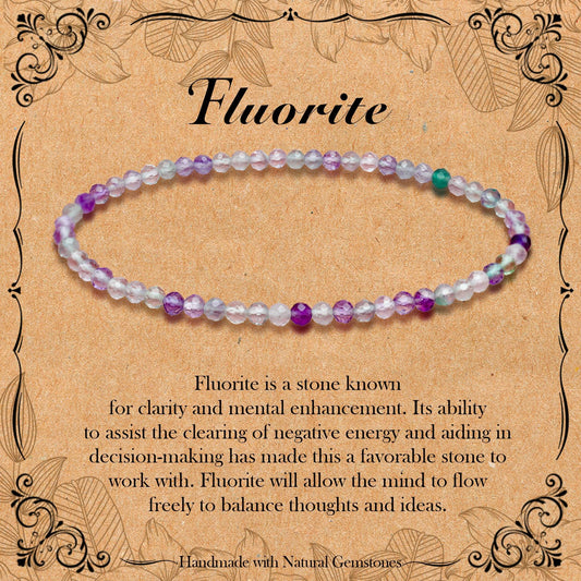 BONNY BOXX Natural Genuine Gemstone Faceted Round Beads Bracelets, 3mm Adjustable Stretchy Tiny Faceted Fluorite Bracelet, Healing Crystal Reiki Chakra Dainty Jewelry Fashion Gifts