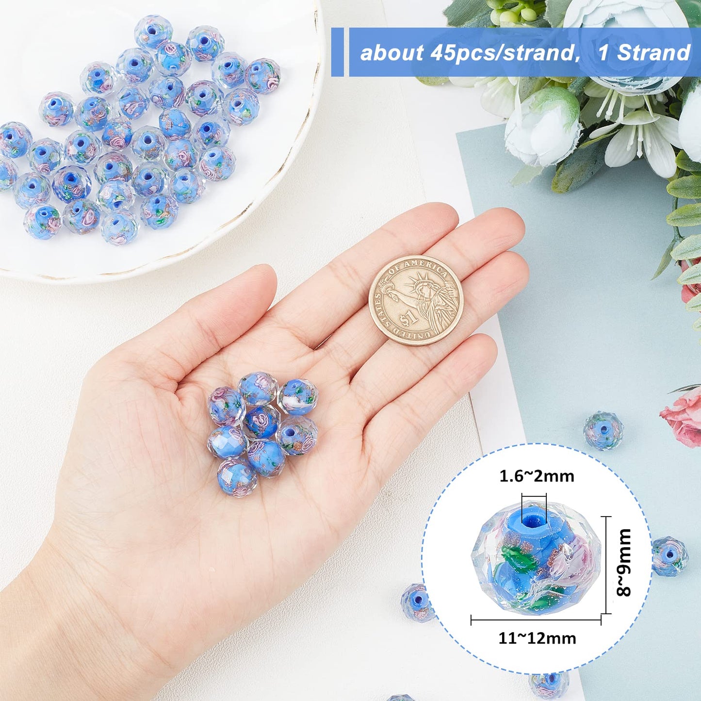 PH PandaHall 45pcs 12mm Gold Sand Lampwork Beads Glass Handmade Round Loose Beads with Hole for Rosary Making Jewelry Craft Making - Cornflower Blue