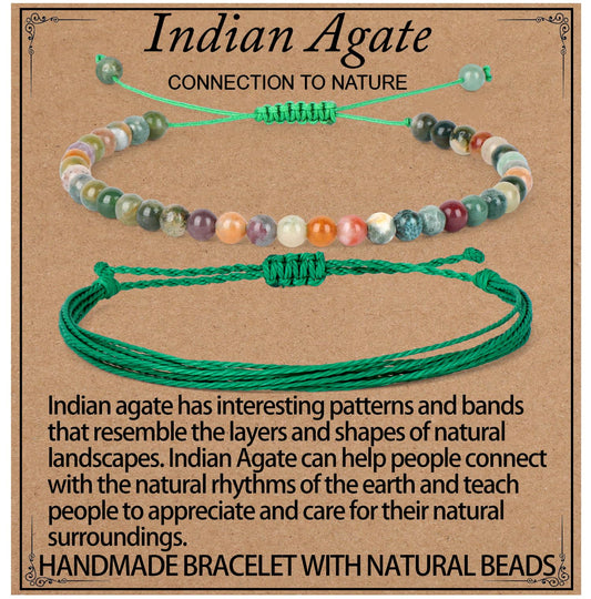 LPBeads 4mm Indian Agate Bracelet with Handmade Rope Bracelet Size Adjustable Natural Stone Crystal Healing Bracelets Gifts for Unisex Adults