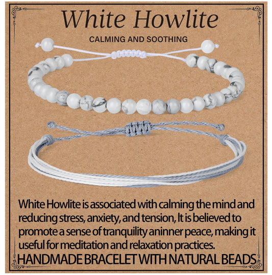 LPBeads 4mm White Howlite Bracelet with Handmade Rope Bracelet Size Adjustable Natural Stone Crystal Healing Bracelets Gifts for Unisex Adults