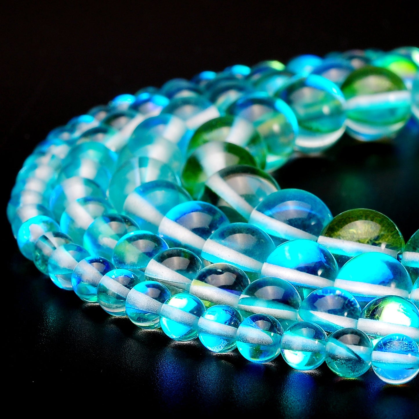 RUBYCA Round Moonstone Crystal Glass Beads Aura Iridescent for Jewelry Making (1 Strand, 6mm, Blue)