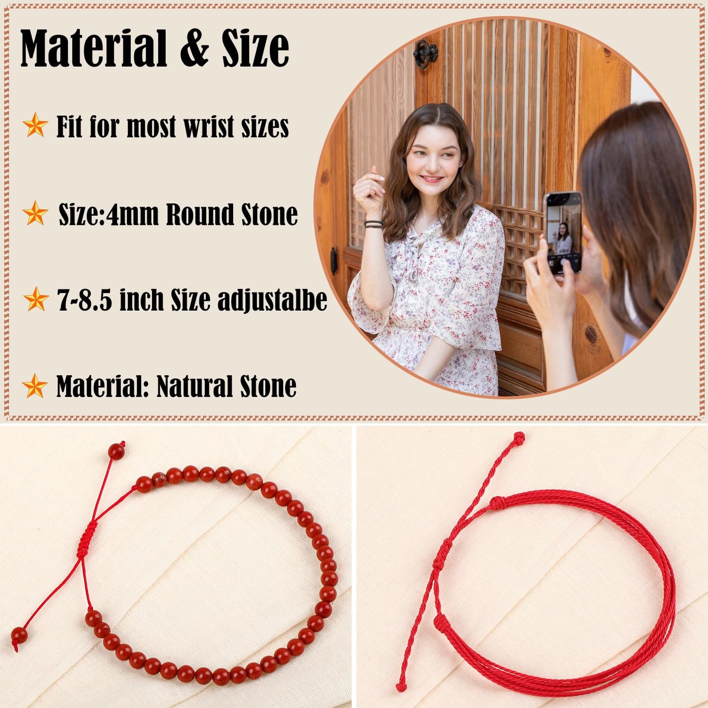 LPBeads 4mm Red Jasper Bracelet with Handmade Rope Bracelet Size Adjustable Natural Stone Crystal Healing Bracelets Gifts for Unisex Adults