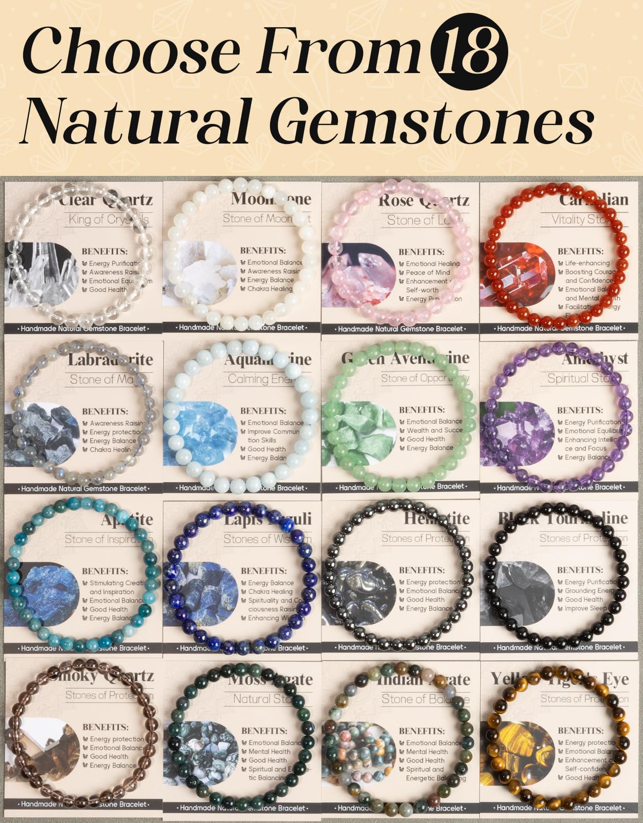 Landorilo Beaded Bracelet for Men Women, 6mm Natural Stone Black Obsidian Healing Crystal Stretch Bracelets, Ideal Christmas Birthday Jewelry Gifts with Energy Card，Replacement Beads Included