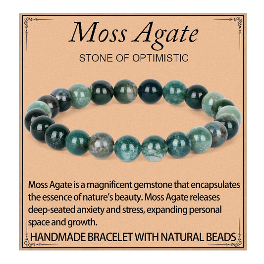 LPBeads Handmade Natural Gemstone Stretch Elastic 8mm Moss Agate Bracelet Healing Crystal Round Stone Beads Jewelry Gifts for Women Men