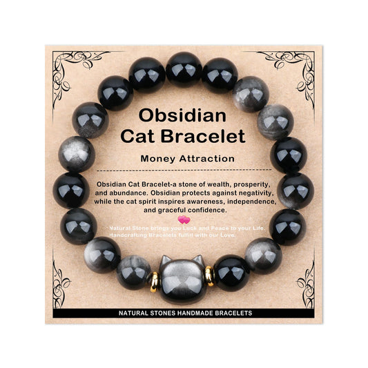 AD Beads 10mm Handmade Obsidian Cat Bracelet Elastic Bracelet – Natural Gemstone for Money Attraction – Meditation, Yoga, Healing and Energy Gift for Men Women
