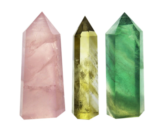 Set of 3 Natural Crystal Wands – Rose Quartz, Citrine (Yellow Quartz) & Fluorite, Faceted & Pointed Energy Wands for Reiki, Chakra Meditation, Crystal Healing, Crystal Decor & Home Décor