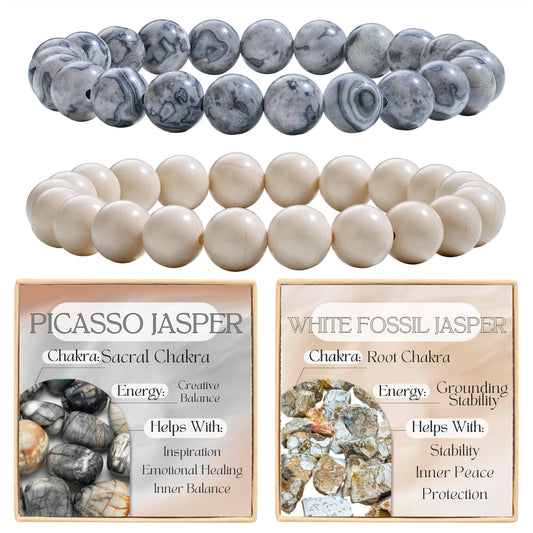 Bivei 2-Piece 8mm Beaded Bracelets for Women – Picasso Jasper, White Fossil Jasper – Handmade Natural Crystal Stretch Elastic Jewelry for Meditation, Yoga, Protection Gifts