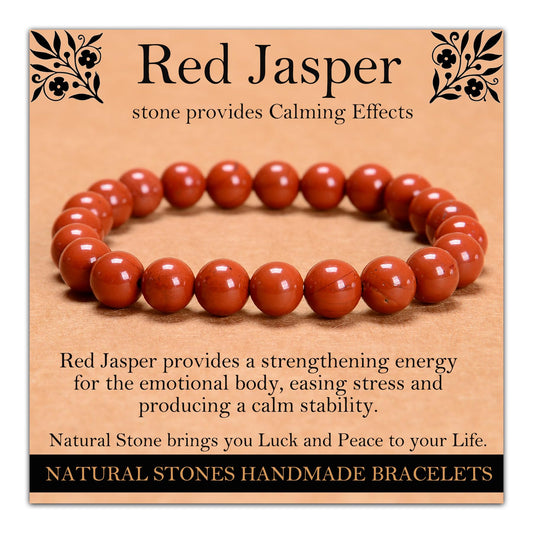 Handmade Natural Gemstone Elastic Bracelet - Healing Crystal Beads Jewelry, Unisex (Red Jasper, 8mm)