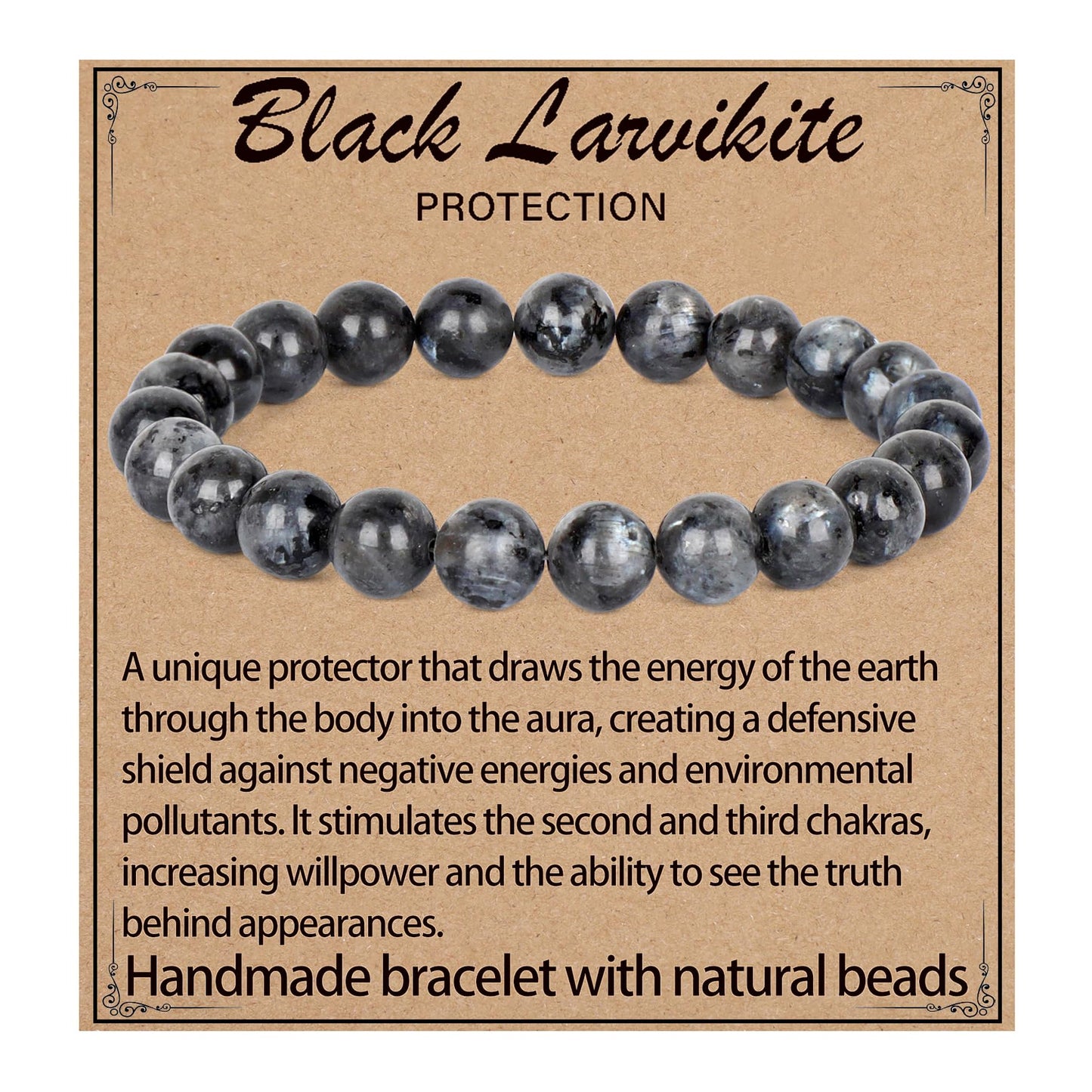 LPBeads Handmade Natural Gemstone Stretch Elastic 8mm Black Larvikite Bracelet Healing Crystal Round Stone Beads Jewelry Gifts for Women Men