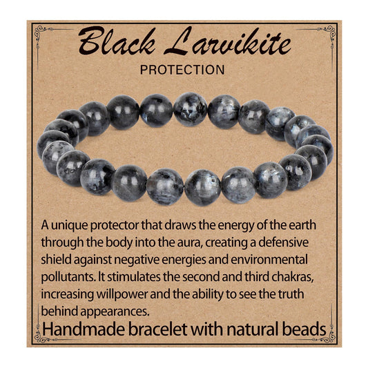 LPBeads Handmade Natural Gemstone Stretch Elastic 8mm Black Larvikite Bracelet Healing Crystal Round Stone Beads Jewelry Gifts for Women Men