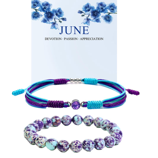 Crgwxzl June Birthstone Bracelets for Women Men,Healing Crystal Protection Stone Blue Purple Imperial Jasper Beads Bracelet,String Wrap Zodiac Month Bracelets Birthday Jewelry Gifts