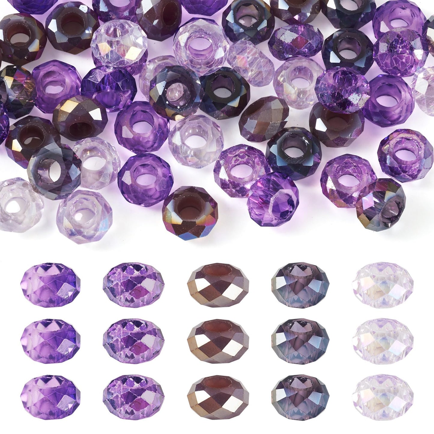 Craftdady 50Pcs Large Hole European Beads Glass Faceted Crystal Bead AB Color Rondelle Loose Bead Purple Color Theme Beads for Crafts DIY Necklace Bracelet Jewelry Making Hole: 5.5-6mm