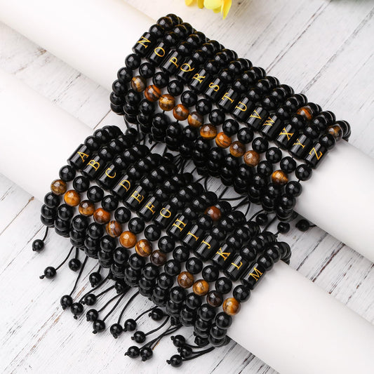 Handmade Initials Bracelets for Men Letter Link Natural Tiger Eye Black Onyx Beads Father's Day Birthday Gifts for Men Braided Rope, Meaningful Bracelet Custom Gifts for Him, Husband, Father, Boyfriend, Son( Letter Q, 26 Letters)