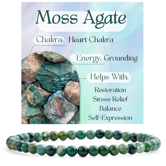 Bivei Moss Agate - Grounding - 4mm Beaded Bracelets for Women Handmade Semi Precious Natural Stone Stretch Elastic Jewelry Yoga Protection Gifts Small