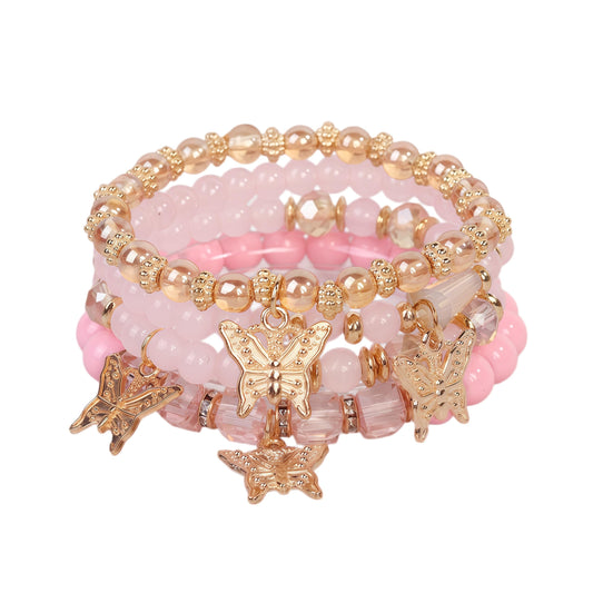 LOTSOF Boho Flower Beaded Bracelet Set for Women - Multilayer Crystal & Flower Charm Stackable Bracelets, Fashion Jewelry Gift for Her (Pink Butterfly)
