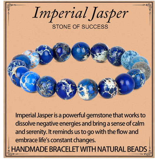 LPBeads Handmade Natural Gemstone Stretch Elastic 10mm Blue Imperial Jasper Bracelet Healing Crystal Round Stone Beads Jewelry Gifts for Women Men
