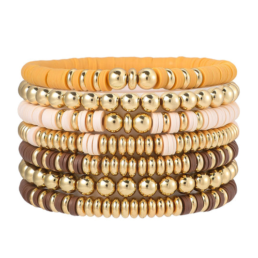 GOOJIDS Surfer Heishi Clay Bead Bracelets for Women Bohemian Stackable Gold Plated Beaded Stretch Bracelets Elastic Layering Friendship Bracelets Set Boho Jewelry