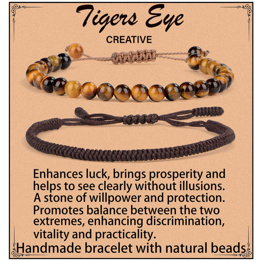 LPBeads 6mm Yellow Tiger's Eye Bracelet with Handmade Rope Bracelet Size Adjustable Natural Stone Crystal Healing Bracelets Gifts for Unisex Adults