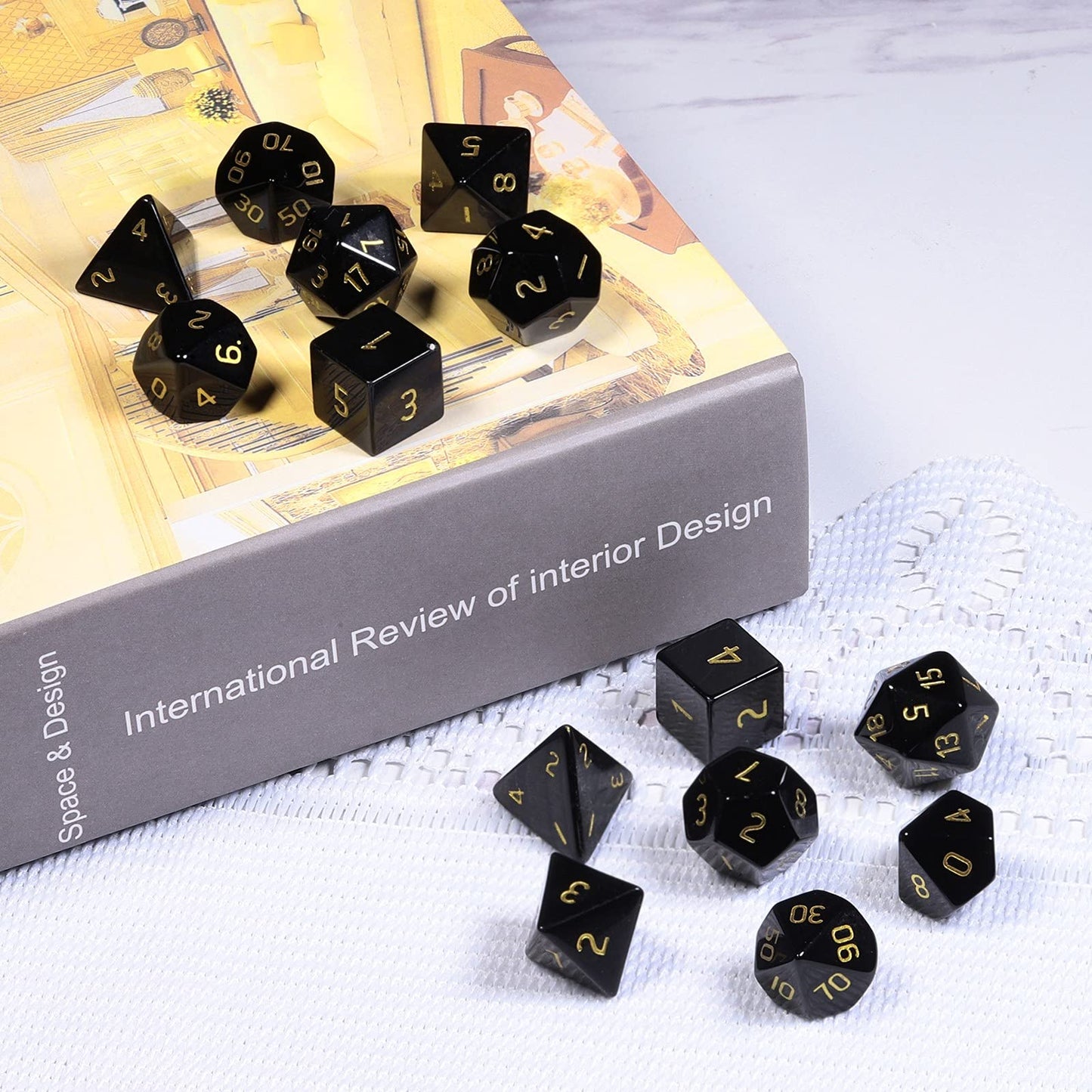 mookaitedecor 7 PCS Obsidian Crystal Polyhedral DND Dice Set, Polished Tumbled Stones Dices for RPG MTG Table Games Home Decoration
