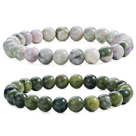 Bivei Natural Gemstone Semi Precious Healing Crystals Handmade Stretchy Round Beads Bracelet, Enhance Positive Energy,Stocking Stuffers for Women(Taiwan Jade & Peace Jade (Growth & Balance)(Large))
