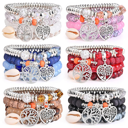 Bohemian Bracelet Sets for Women - 6 Sets Stackable Stretch Bracelets Multi-color Boho Jewelry for Women Hippie Bracelets Dainty Jewelry (Tree of Life Bead Bracelets)