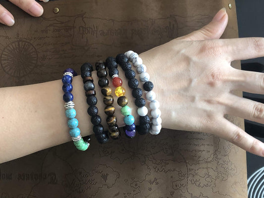 Black Lava Stone 7 Chakra Bracelets 6pcs mix 8mm Yinyang Rock Bead Elastic Natural Stones Gemstones Oil Diffuser Yoga Menditation Beads Bracelets for Men Women Jewelry (6pcs Lava Stone Bracelet)