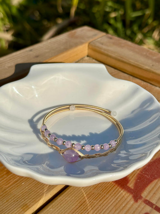 Handmade Genuine Lavender Amethyst Double Layered 14k Gold Filled Wire Wrapped Bracelet, Birthstone Chakra Healing Crystal Chips Adjustable Bangle Cuff Jewelry Gift for Women Men