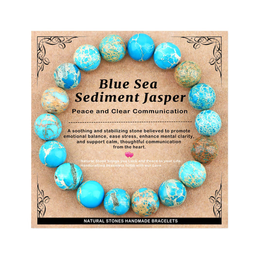 AD Beads 10mm Handmade Blue Sea Sediment Imperial Jasper Elastic Bracelet – Natural Gemstone for Joy & Positivity – Meditation, Yoga, Healing and Energy Gift for Men Women