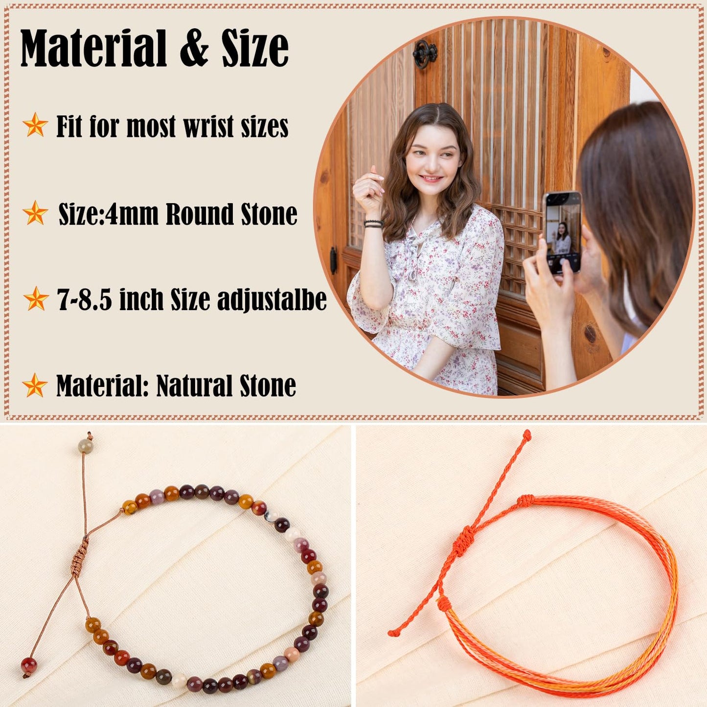 LPBeads 4mm Moukaite Jasper Bracelet with Handmade Rope Bracelet Size Adjustable Natural Stone Crystal Healing Bracelets Gifts for Unisex Adults