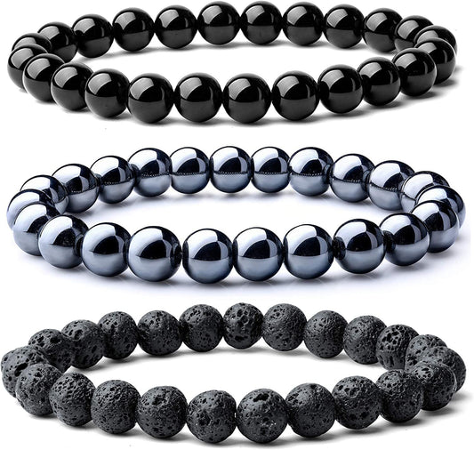 WFJ Mens Triple Protection Black Beaded Bracelets Set: Hematite Obsidian and Lava Stone Stretch Bracelet, Men Feng Shui Minimalist Accessories