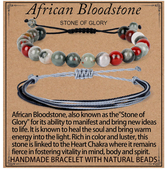 LPBeads 8mm African Bloodstone Bracelet with Handmade Rope Bracelet Size Adjustable Natural Stone Crystal Healing Bracelets Gifts for Unisex Adults
