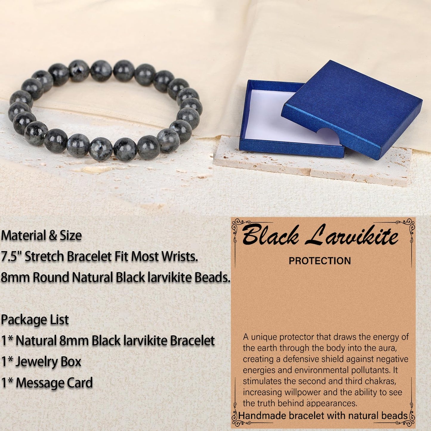 LPBeads Handmade Natural Gemstone Stretch Elastic 8mm Black Larvikite Bracelet Healing Crystal Round Stone Beads Jewelry Gifts for Women Men