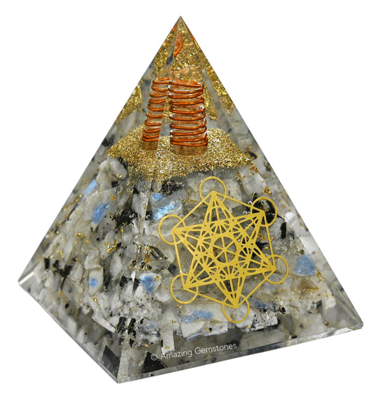 Amazing Gemstone Organite Orgone Pyramid Extra Large 105 MM - Metatron Cube Orgone Energy Pyramid with Rainbow Moonstone Crystals and Healing Stone - Orgonite Pyramids Crystals and Positive Energy